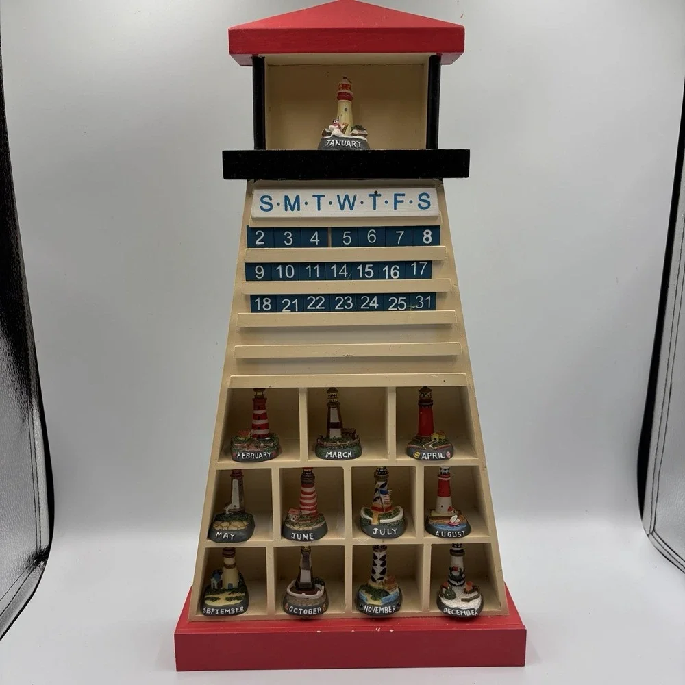 Lighthouse Wooden Perpetual Calendar with Light‎ House Months and Number Dates